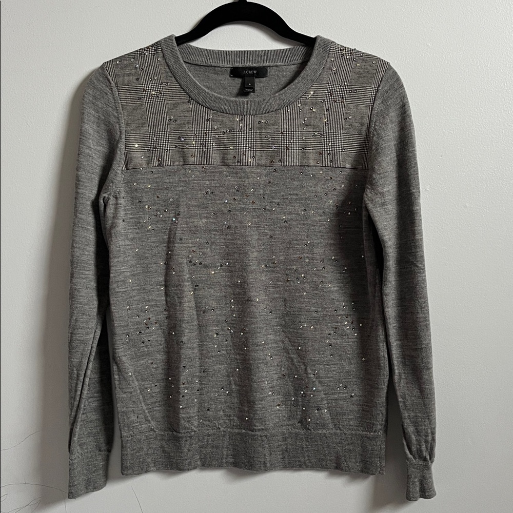J.Crew Tippi Sweater in 100% Merino Wool Glen Plaid Yoke and Sequined Body Small